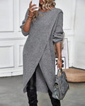 Knee-Length Women's Dress with Wrap Design and Long Sleeves - 1 - London-stylehouse.com