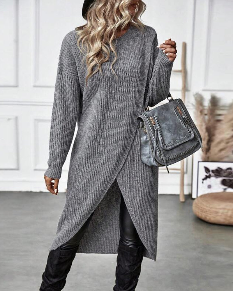 Knee-Length Women's Dress with Wrap Design and Long Sleeves - 3 - London-stylehouse.com