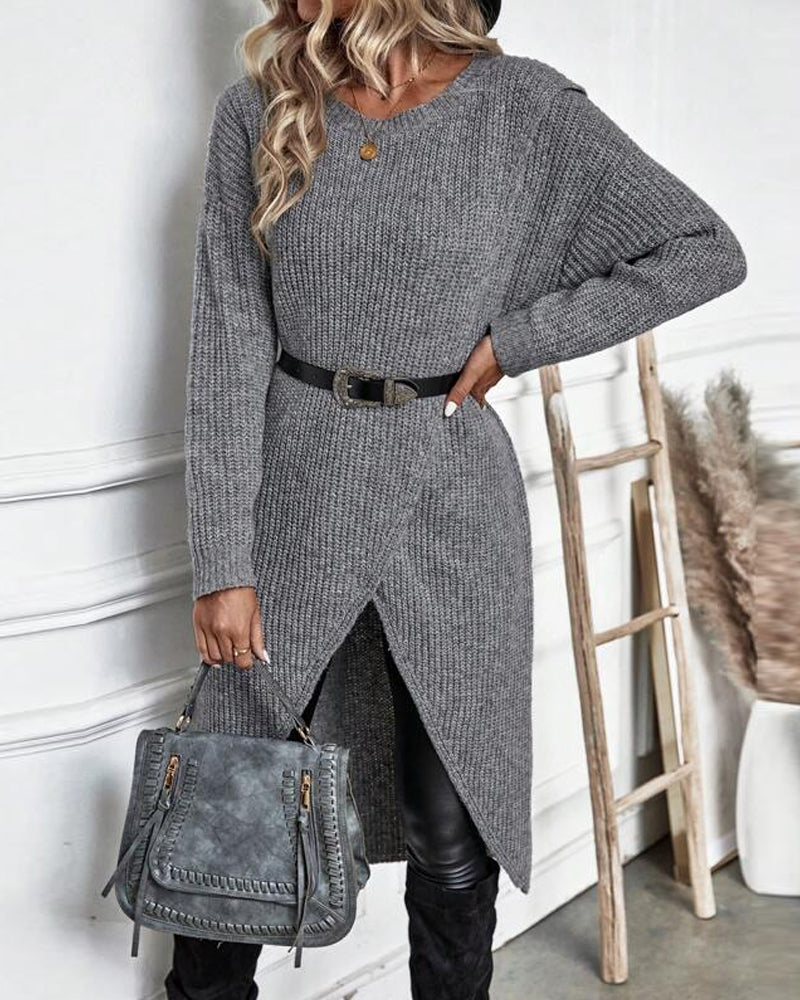 Knee-Length Women's Dress with Wrap Design and Long Sleeves - 4 - London-stylehouse.com