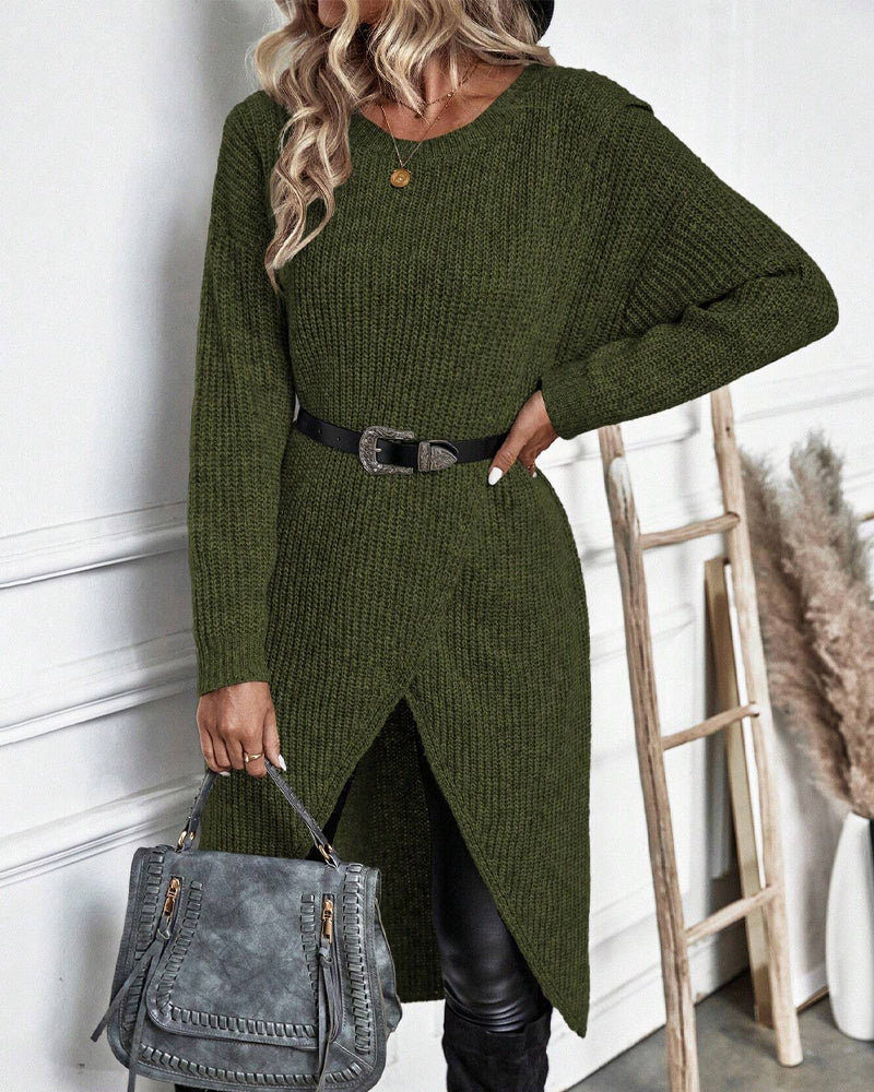 Knee-Length Women's Dress with Wrap Design and Long Sleeves - 9 - London-stylehouse.com