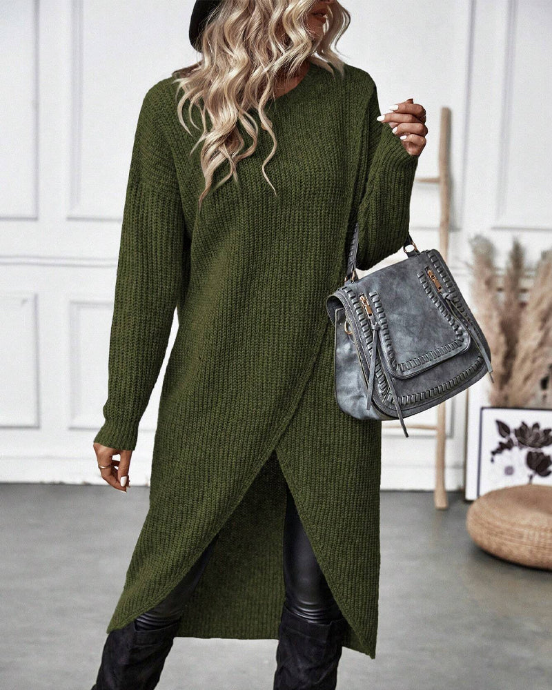 Knee-Length Women's Dress with Wrap Design and Long Sleeves - 10 - London-stylehouse.com