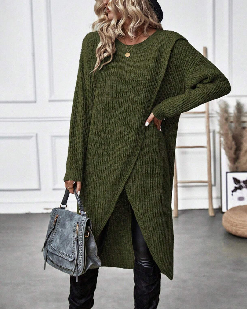 Knee-Length Women's Dress with Wrap Design and Long Sleeves - 12 - London-stylehouse.com