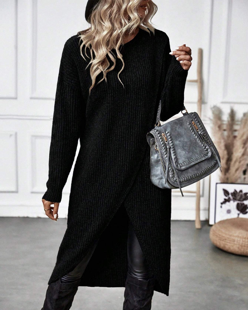 Knee-Length Women's Dress with Wrap Design and Long Sleeves - 18 - London-stylehouse.com