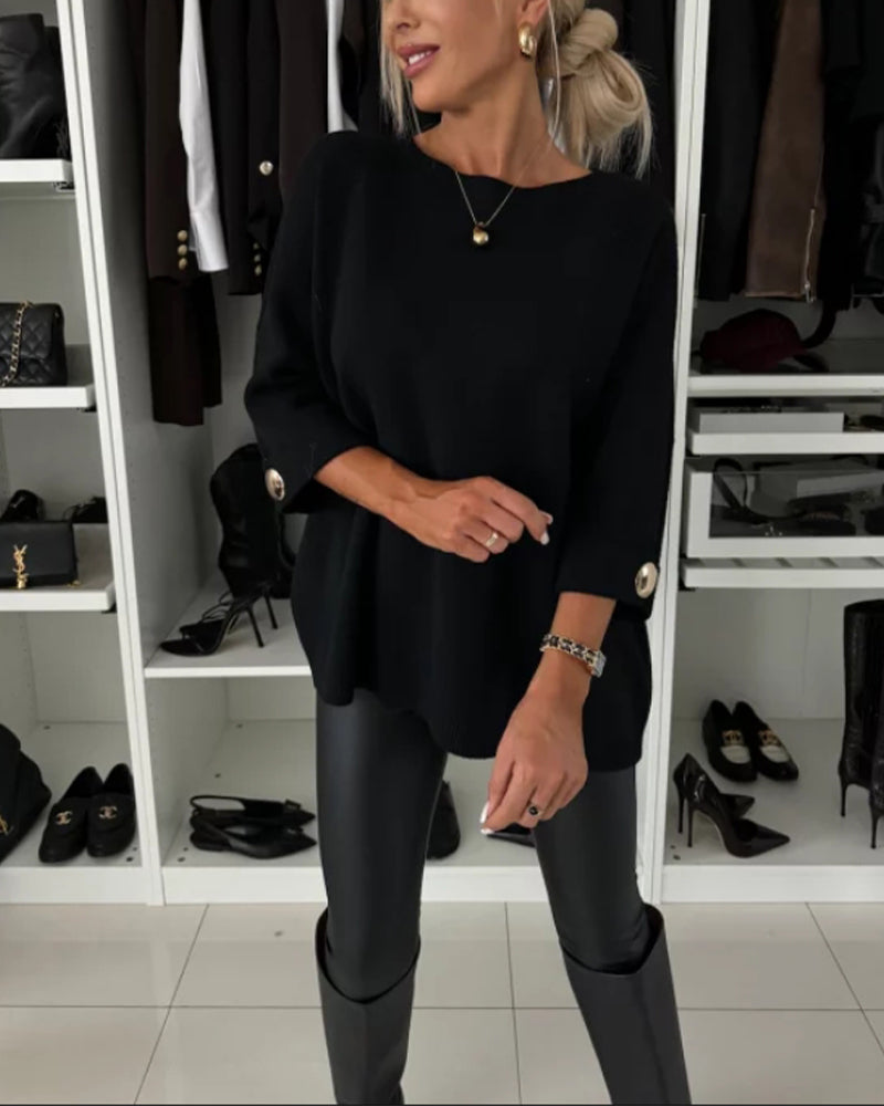 Women's Loose Fit Pullover with Bell Sleeves and Button Detail - 5 - London-stylehouse.com