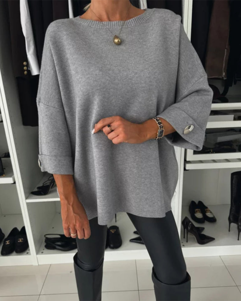 Women's Loose Fit Pullover with Bell Sleeves and Button Detail - 10 - London-stylehouse.com