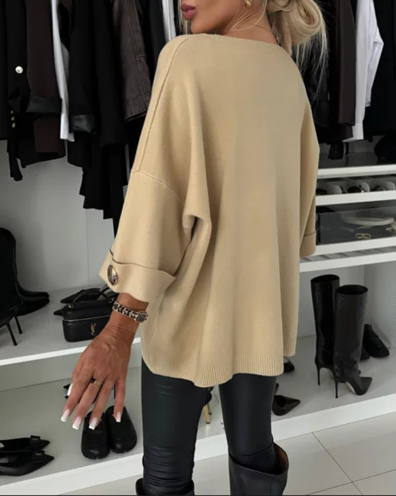Women's Loose Fit Pullover with Bell Sleeves and Button Detail - 13 - London-stylehouse.com