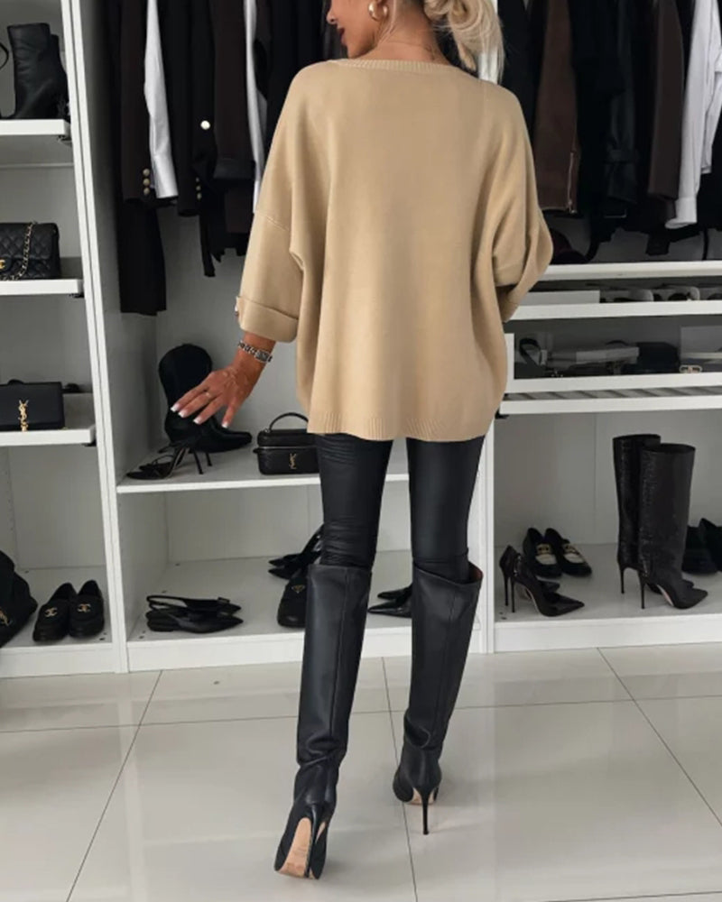 Women's Loose Fit Pullover with Bell Sleeves and Button Detail - 14 - London-stylehouse.com