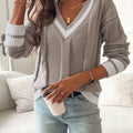 Women's V-Neck Pullover with Striped Sleeves - 1 - London-stylehouse.com