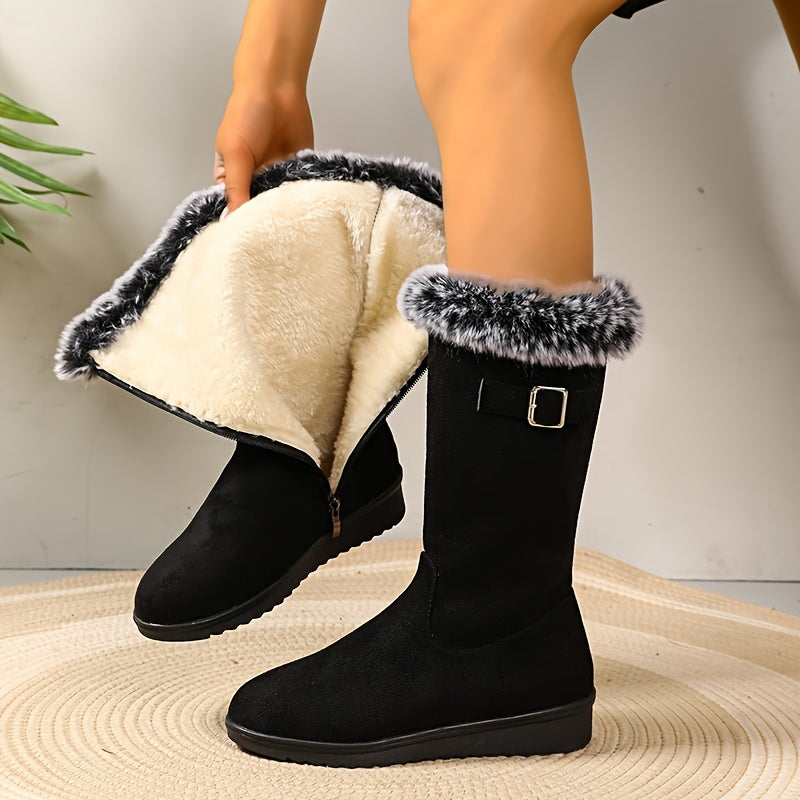 Knee-Length Women's Boots with Faux Fur Trim and Zip Fastening - 1 - London-stylehouse.com