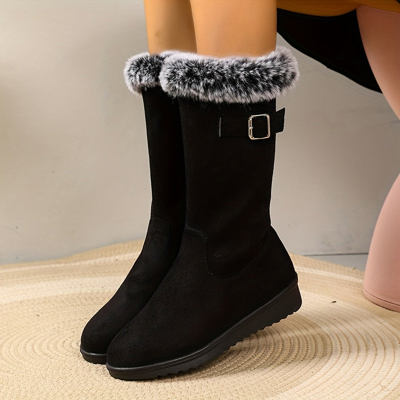 Knee-Length Women's Boots with Faux Fur Trim and Zip Fastening - 2 - London-stylehouse.com