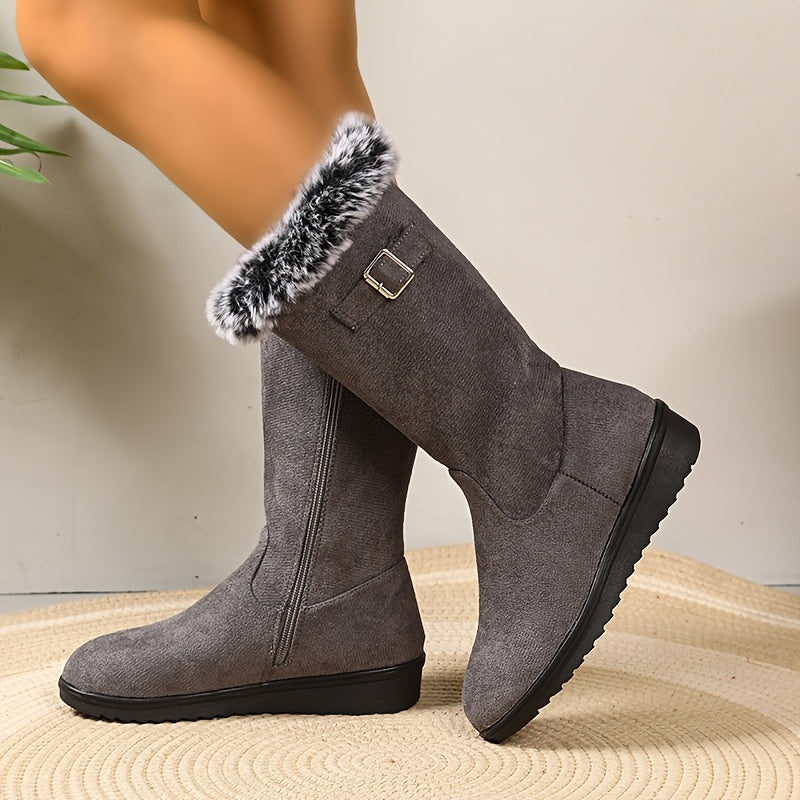 Knee-Length Women's Boots with Faux Fur Trim and Zip Fastening - 3 - London-stylehouse.com