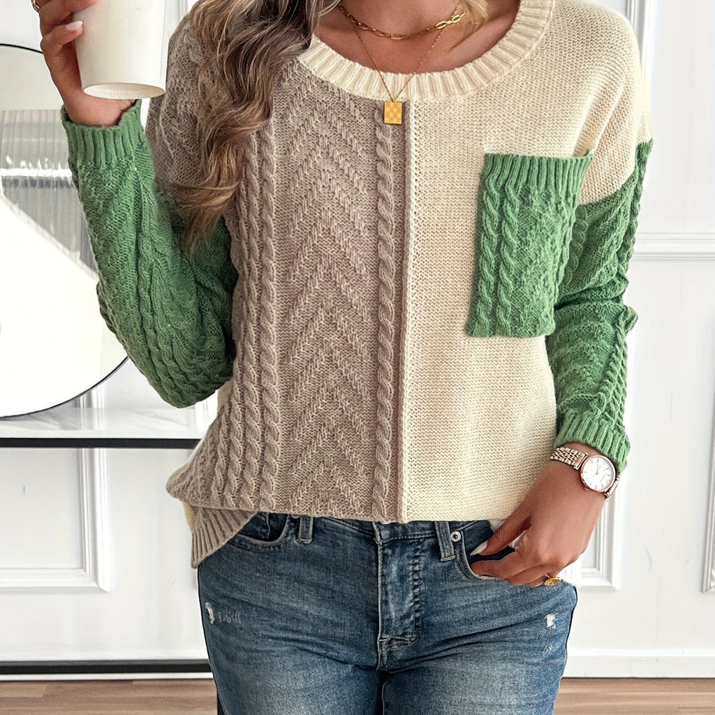 Colour Block Women's Pullover with Long Sleeves and Pocket - 1 - London-stylehouse.com