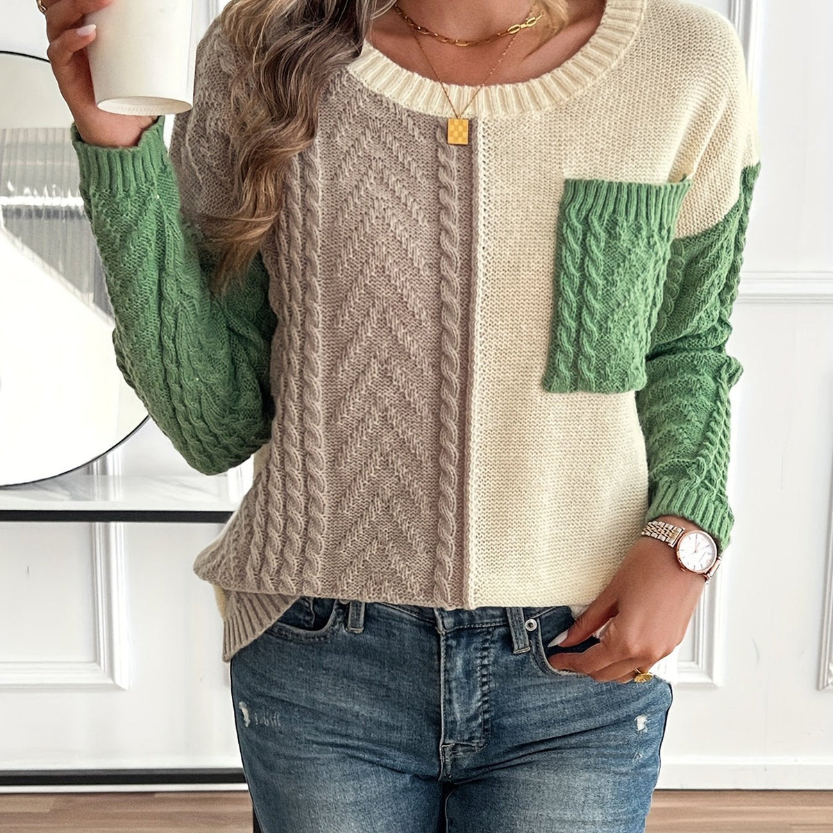 Colour Block Women's Pullover with Long Sleeves and Pocket - 1 - London-stylehouse.com