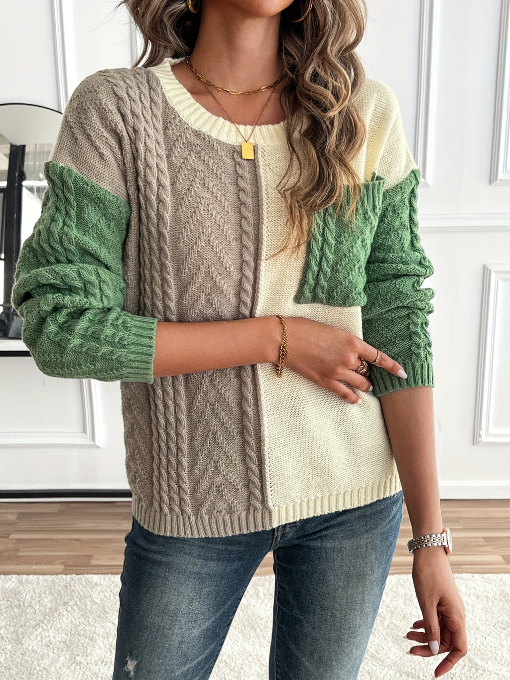 Colour Block Women's Pullover with Long Sleeves and Pocket - 4 - London-stylehouse.com