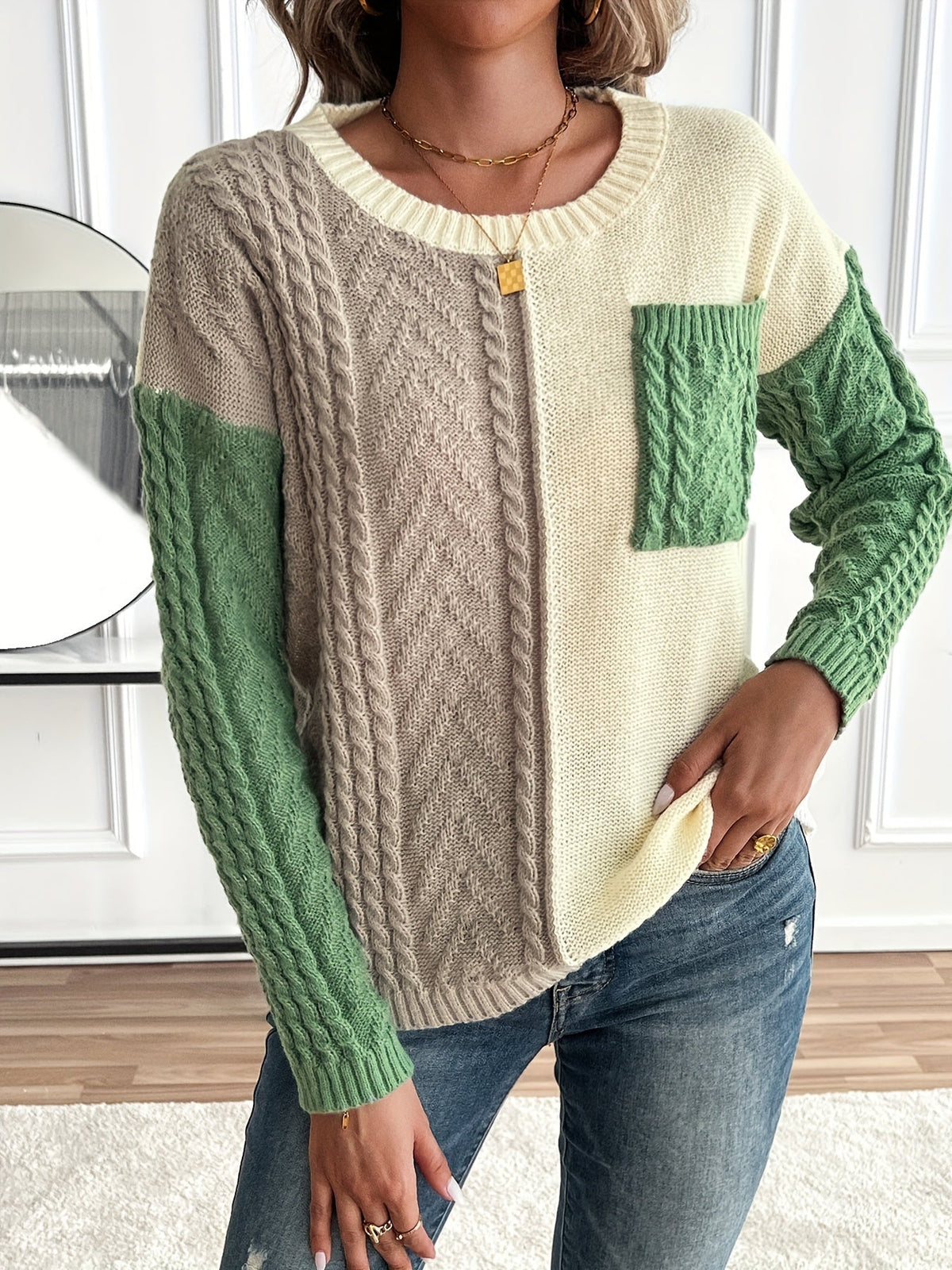 Colour Block Women's Pullover with Long Sleeves and Pocket - 5 - London-stylehouse.com