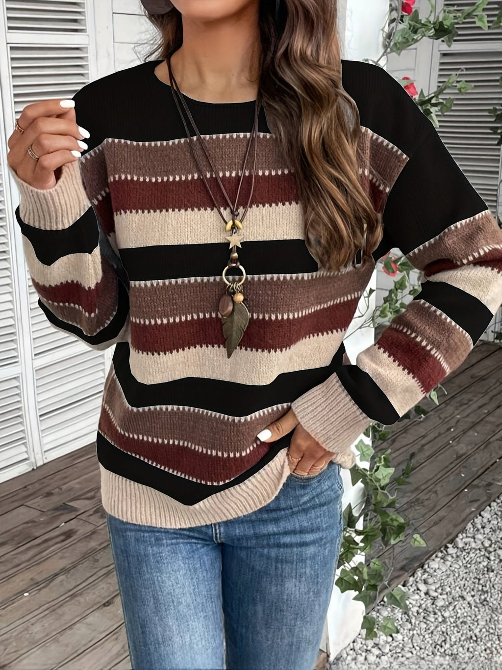 Striped Pullover Women with Relaxed Fit and Long Sleeves - 10 - London-stylehouse.com