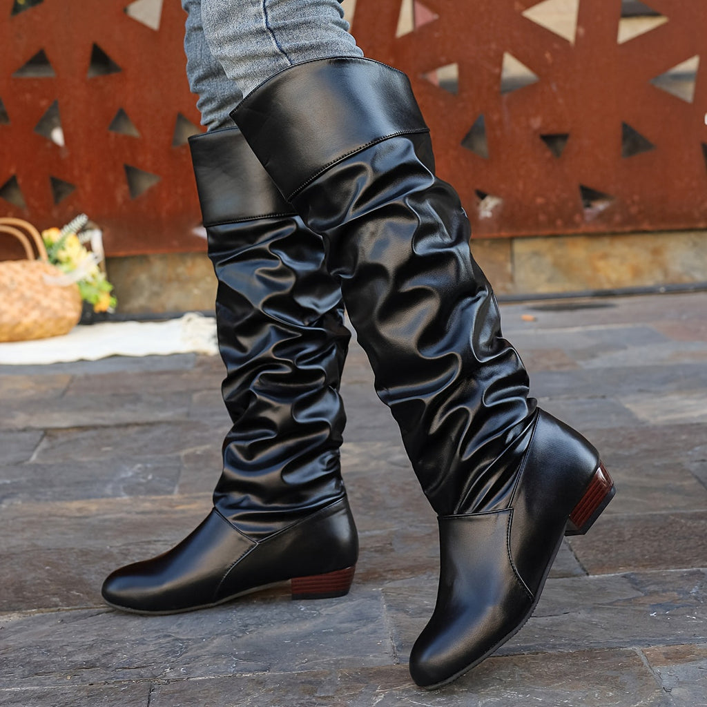 Knee-High Boots Women's Slouchy Design with Chunky Heel - 2 - London-stylehouse.com