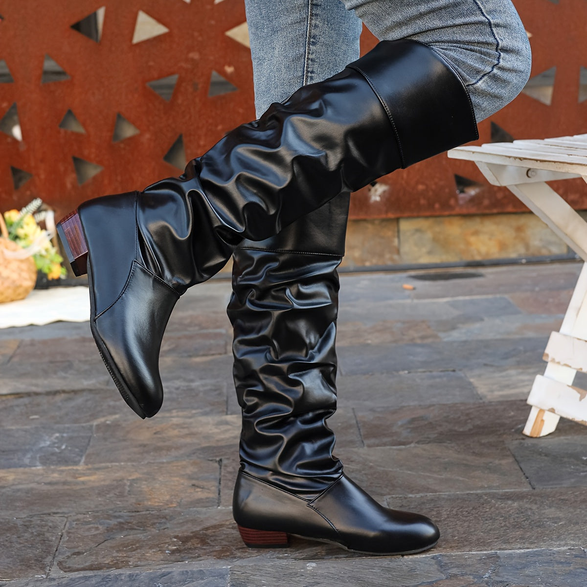 Knee-High Boots Women's Slouchy Design with Chunky Heel - 8 - London-stylehouse.com
