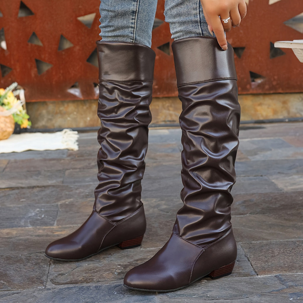 Knee-High Boots Women's Slouchy Design with Chunky Heel - 9 - London-stylehouse.com