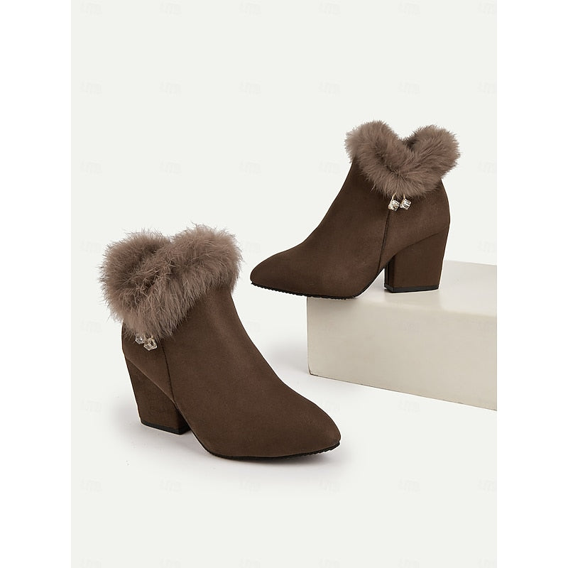 Ankle Boots for Women with Block Heel and Faux Fur Trim - 9 - London-stylehouse.com