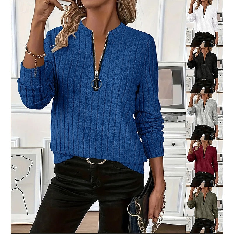 Pullover Women Long Sleeve Zip Neck Ribbed Design - 1 - London-stylehouse.com