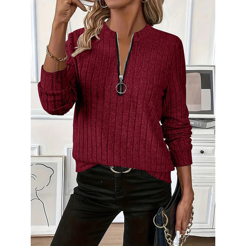 Pullover Women Long Sleeve Zip Neck Ribbed Design - 3 - London-stylehouse.com