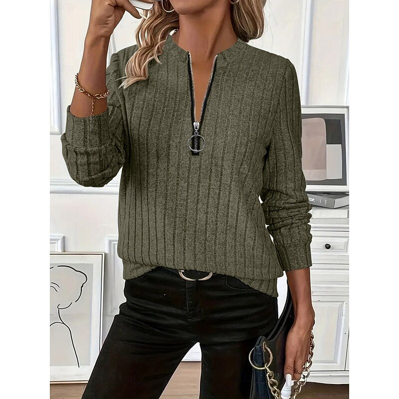 Pullover Women Long Sleeve Zip Neck Ribbed Design - 4 - London-stylehouse.com