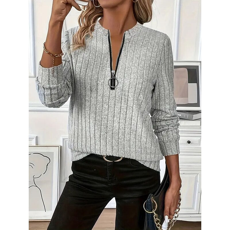 Pullover Women Long Sleeve Zip Neck Ribbed Design - 5 - London-stylehouse.com