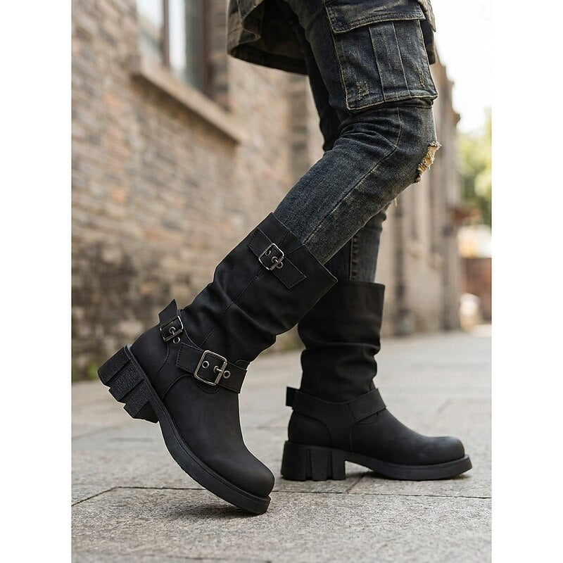 Women's Biker Boots with Buckle Detail and Chunky Heel - 1 - London-stylehouse.com