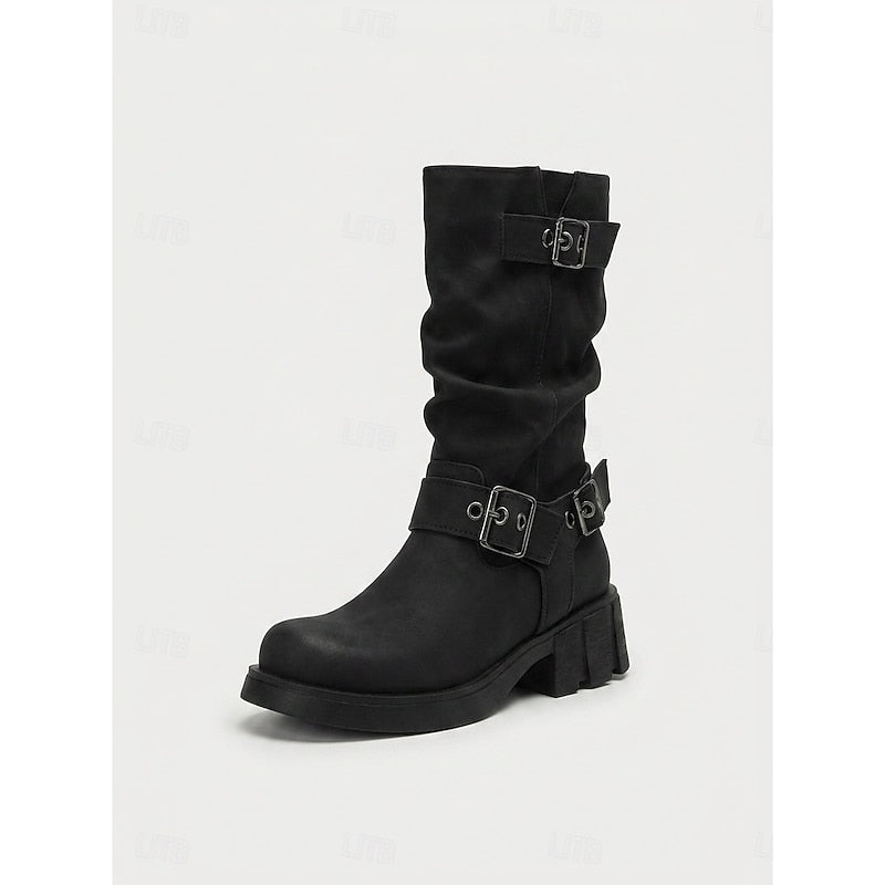 Women's Biker Boots with Buckle Detail and Chunky Heel - 2 - London-stylehouse.com