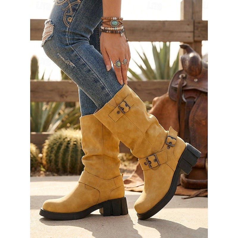 Women's Biker Boots with Buckle Detail and Chunky Heel - 4 - London-stylehouse.com