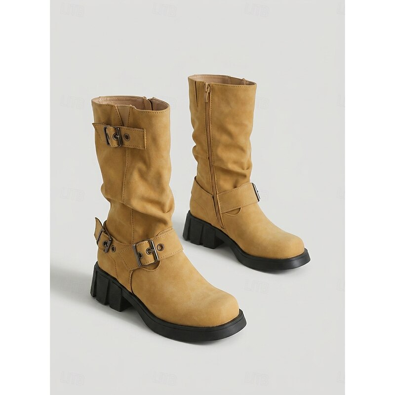Women's Biker Boots with Buckle Detail and Chunky Heel - 5 - London-stylehouse.com