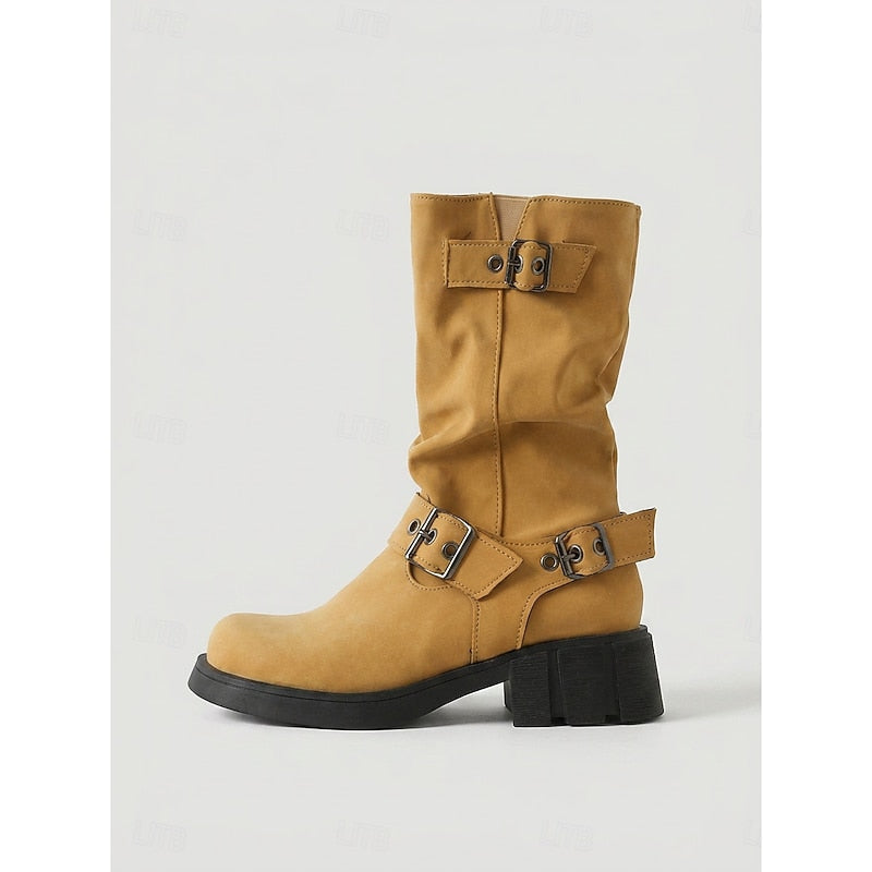 Women's Biker Boots with Buckle Detail and Chunky Heel - 6 - London-stylehouse.com
