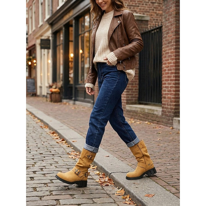 Women's Biker Boots with Buckle Detail and Chunky Heel - 7 - London-stylehouse.com