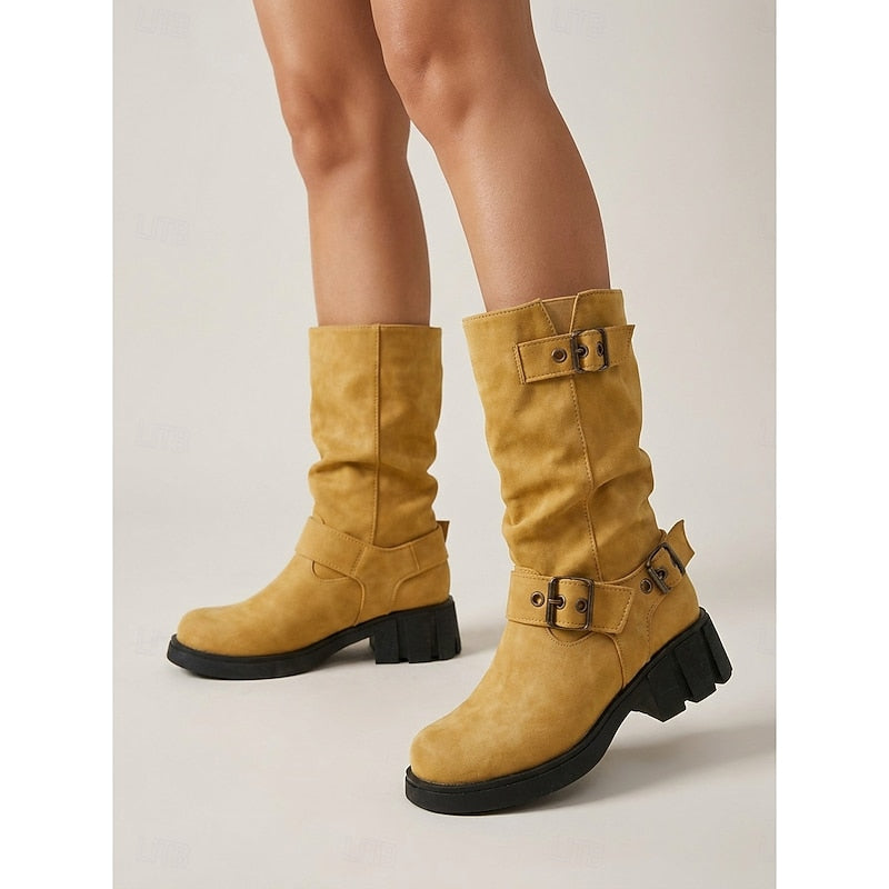 Women's Biker Boots with Buckle Detail and Chunky Heel - 8 - London-stylehouse.com