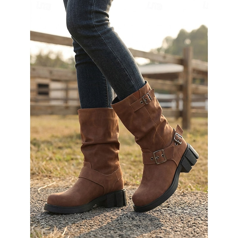 Women's Biker Boots with Buckle Detail and Chunky Heel - 11 - London-stylehouse.com