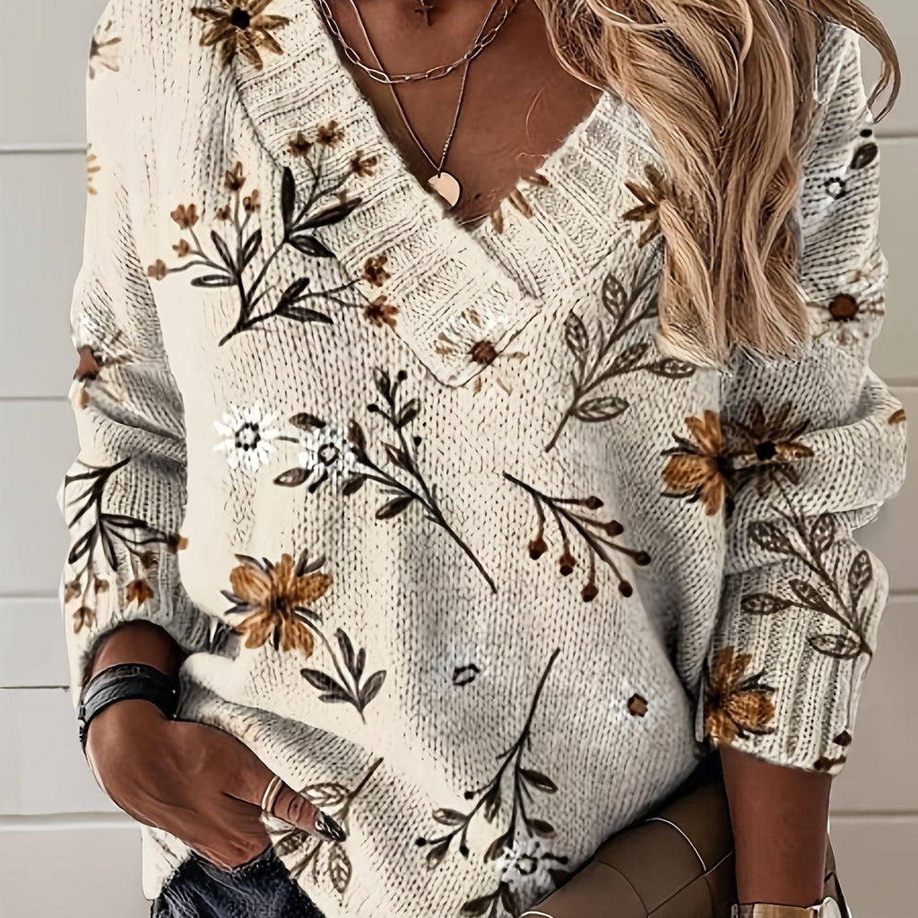 Women's V-Neck Floral Pullover with Relaxed Fit - 1 - London-stylehouse.com