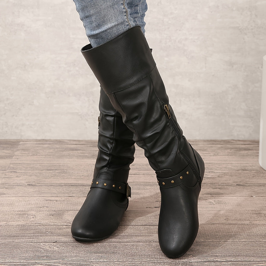 Knee-High Women's Boots with Buckle Detail and Slouchy Design - 9 - London-stylehouse.com