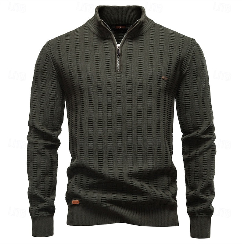 Men's Pullover with High Neck and Zip Closure in Olive Green - 1 - London-stylehouse.com