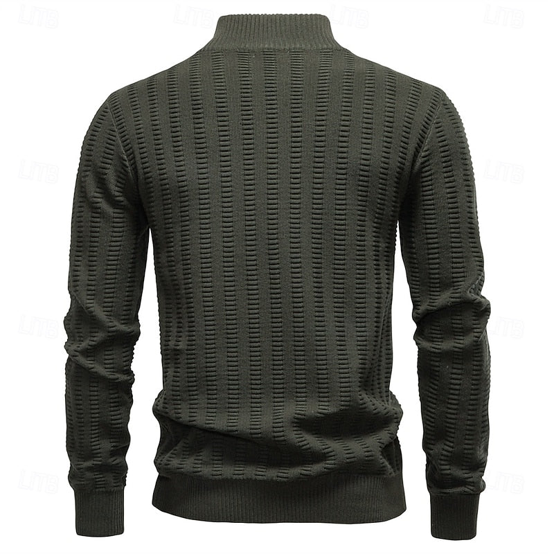 Men's Pullover with High Neck and Zip Closure in Olive Green - 2 - London-stylehouse.com