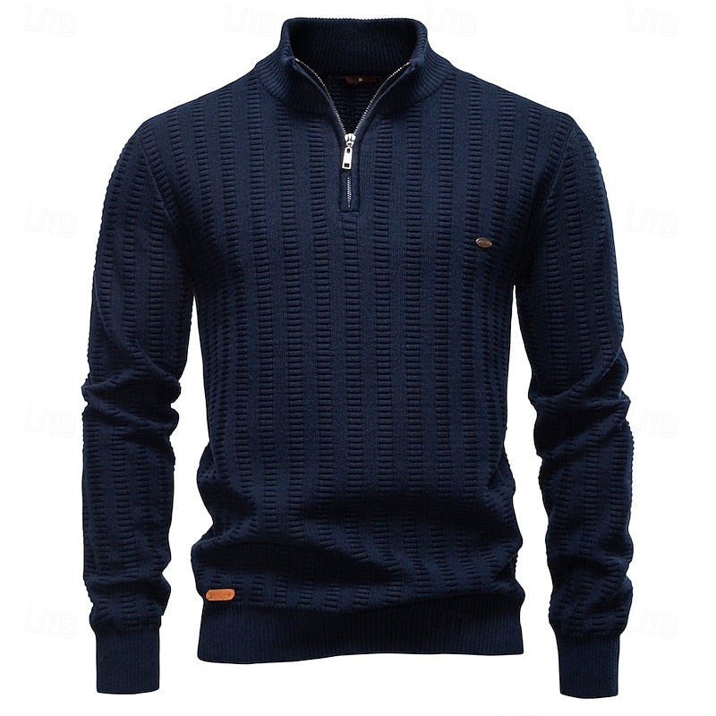 Men's Pullover with High Neck and Zip Closure in Olive Green - 10 - London-stylehouse.com