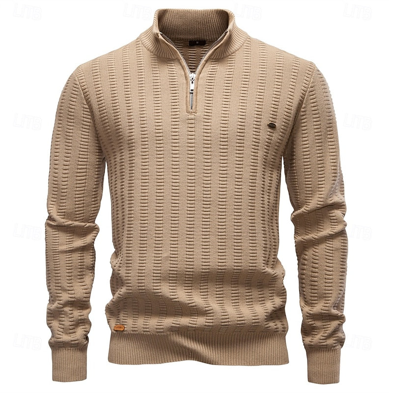 Men's Pullover with High Neck and Zip Closure in Olive Green - 15 - London-stylehouse.com