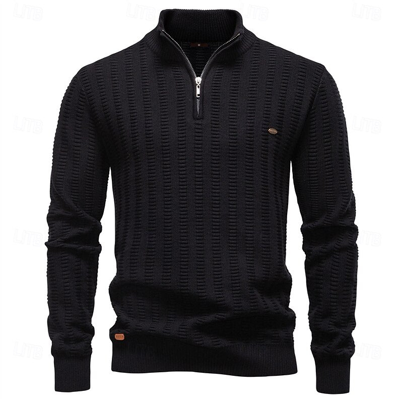 Men's Pullover with High Neck and Zip Closure in Olive Green - 16 - London-stylehouse.com