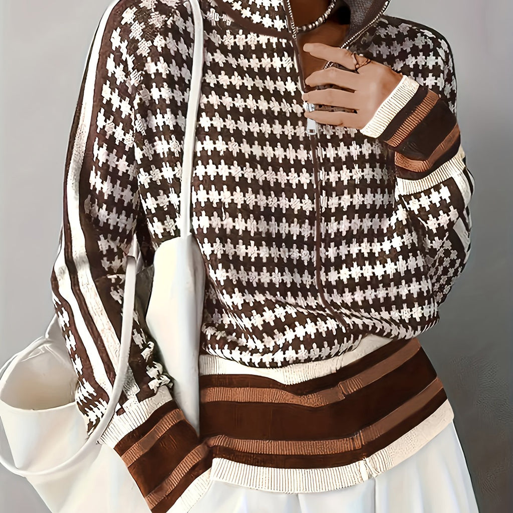 Check Pattern Women's Cardigan with Zip and Stand Collar - 1 - London-stylehouse.com