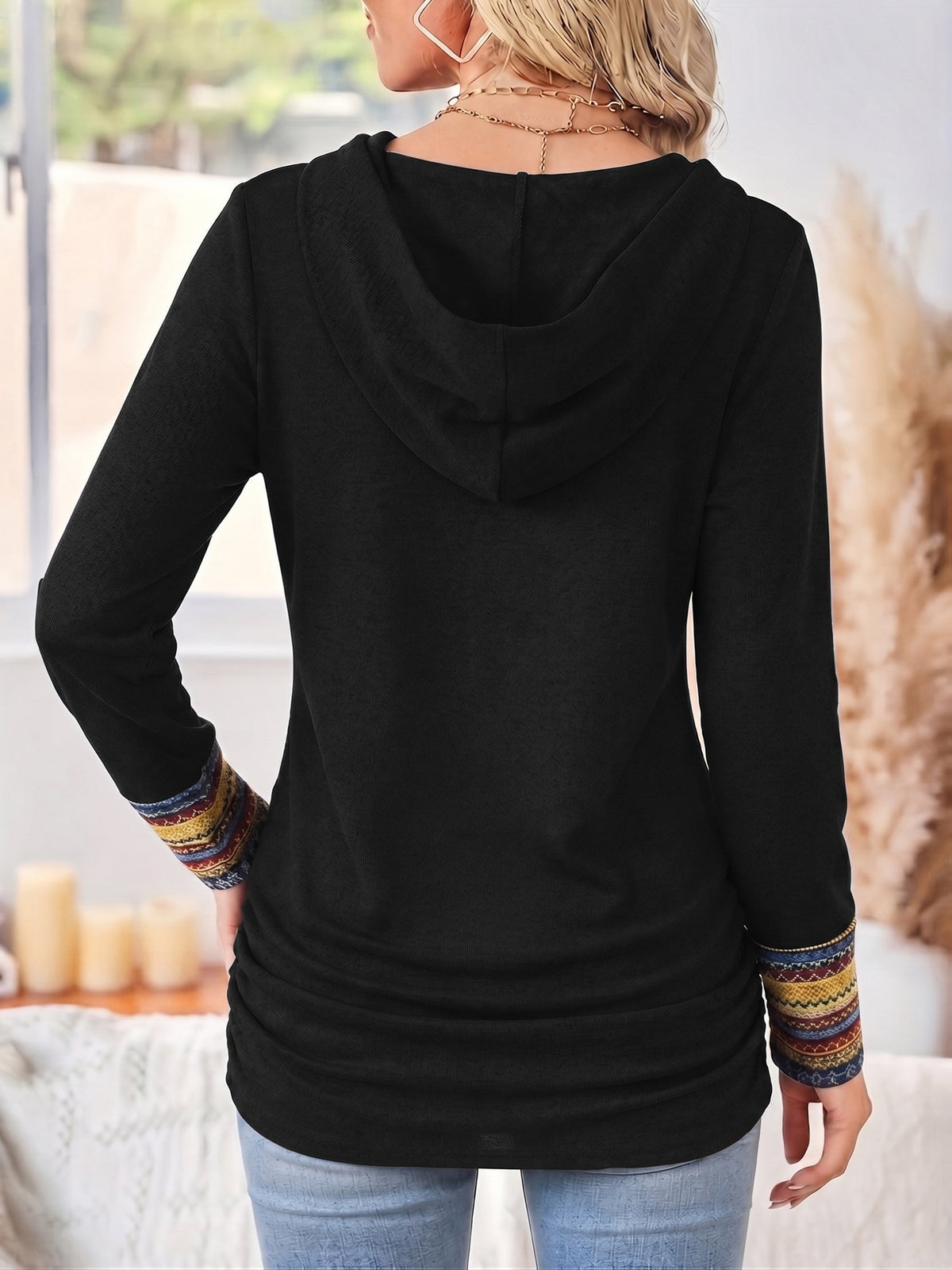 Hooded Women's Top with Button Detail and Striped Cuffs - 3 - London-stylehouse.com