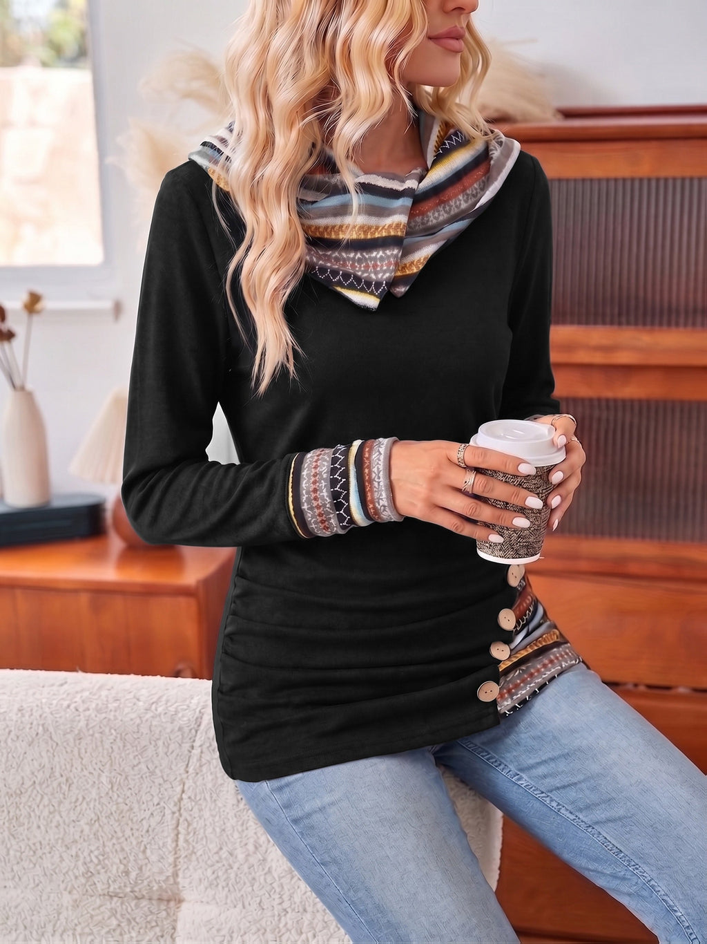 Hooded Women's Top with Button Detail and Striped Cuffs - 5 - London-stylehouse.com