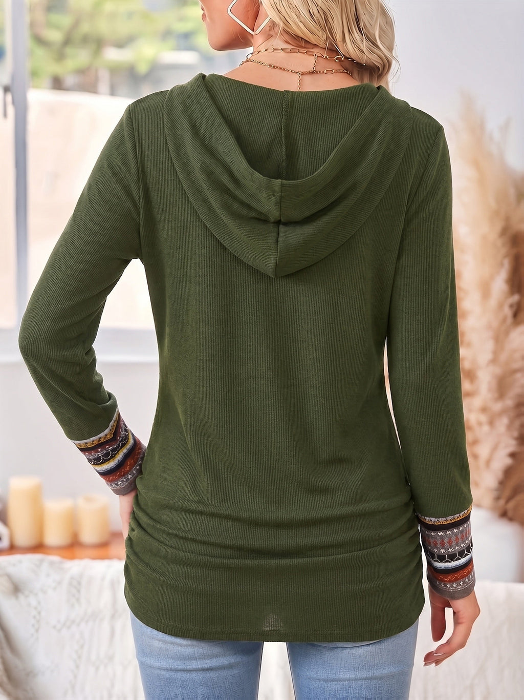 Hooded Women's Top with Button Detail and Striped Cuffs - 10 - London-stylehouse.com