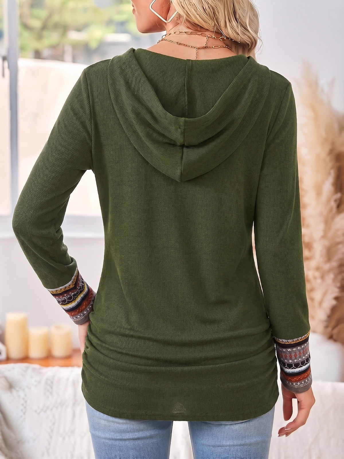 Hooded Women's Top with Button Detail and Striped Cuffs - 10 - London-stylehouse.com