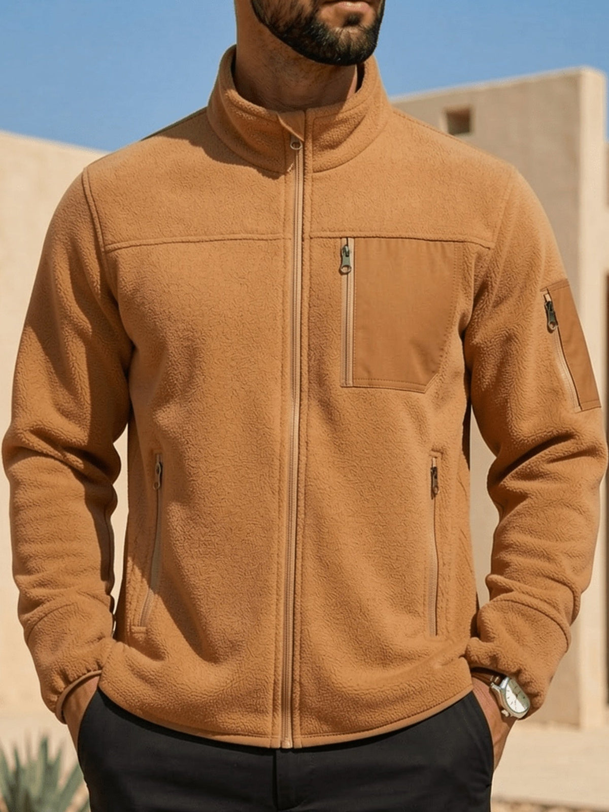 Men's Fleece Jacket with Stand-Up Collar and Practical Pockets - 3 - London-stylehouse.com