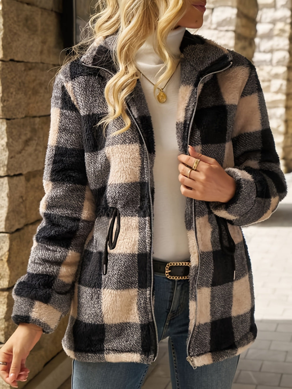 Check Jacket Women with Waist Tie and Full Sleeves - 1 - London-stylehouse.com